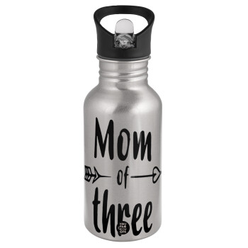 Mom of three, Water bottle Silver with straw, stainless steel 500ml
