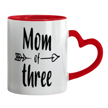 Mom of three, Κούπα καρδιά χερούλι κόκκινη, κεραμική, 330ml