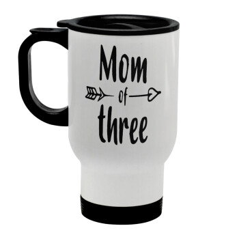 Mom of three, Stainless steel travel mug with lid, double wall white 450ml