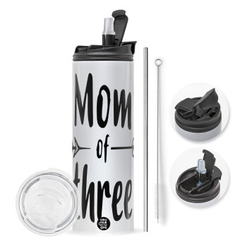 Mom of three, Travel Tumbler θερμό με διπλό καπάκι, μεταλλικό καλαμάκι και βούρτσα καθαρισμού (Ανωξείδωτο 304 Food grade, BPA free, 600ml)