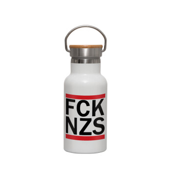 FCK NZS, Μεταλλικό παγούρι θερμός (Stainless steel) Λευκό με ξύλινο καπακι (bamboo), διπλού τοιχώματος, 350ml