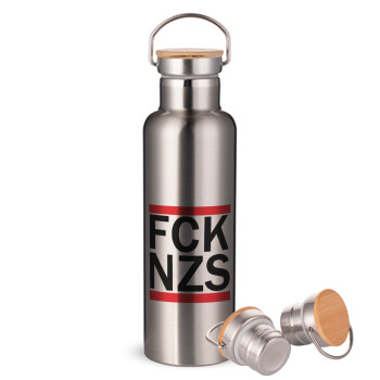 FCK NZS, Μεταλλικό παγούρι θερμός (Stainless steel) Ασημένιο με ξύλινο καπακι (bamboo), διπλού τοιχώματος, 750ml