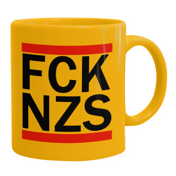 FCK NZS, Ceramic coffee mug yellow, 330ml