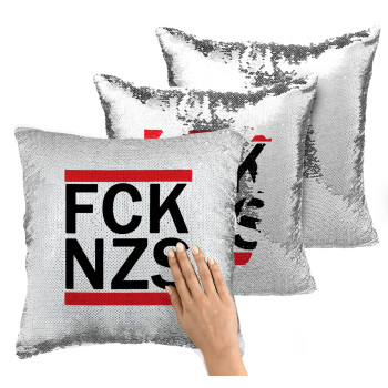 FCK NZS, Μαξιλάρι καναπέ Μαγικό Ασημένιο με πούλιες 40x40cm περιέχεται το γέμισμα