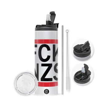 FCK NZS, Travel Tumbler θερμό με διπλό καπάκι, μεταλλικό καλαμάκι και βούρτσα καθαρισμού (Ανωξείδωτο 304 Food grade, BPA free, 600ml)