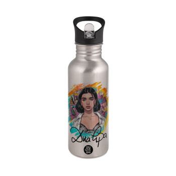 Dua lipa, Water bottle Silver with straw, stainless steel 600ml