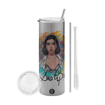 Dua lipa, Eco friendly stainless steel Silver tumbler 600ml, with metal straw & cleaning brush