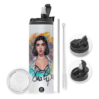 Dua lipa, Travel Tumbler θερμό με διπλό καπάκι, μεταλλικό καλαμάκι και βούρτσα καθαρισμού (Ανωξείδωτο 304 Food grade, BPA free, 600ml)