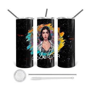 Dua lipa, Tumbler ποτήρι θερμό από ανοξείδωτο ατσάλι 600ml, με μεταλλικό καλαμάκι & βούρτσα καθαρισμού