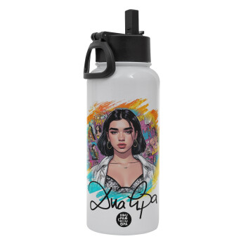 Dua lipa, Metal mug thermo White with Straw and Spout Lid (Stainless steel), double wall, 950ml