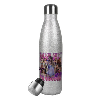 Taylor Swift, Metallic Glitter Silver Thermos Flask (Stainless steel), double-walled, 500ml