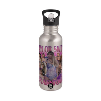 Taylor Swift, Water bottle Silver with straw, stainless steel 600ml