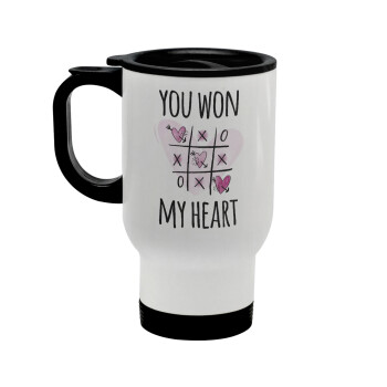 You won my heart, Stainless steel travel mug with lid, double wall white 450ml