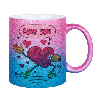 LOVE YOU SINGER!!!, Κούπα Χρυσή/Μπλε Glitter, κεραμική, 330ml