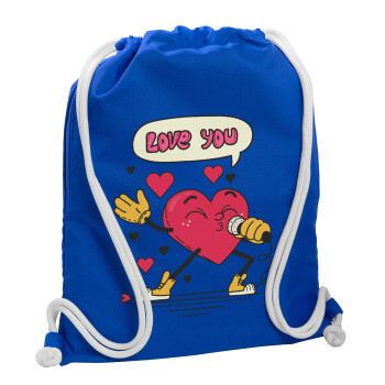 LOVE YOU SINGER!!!, Backpack pouch GYMBAG Blue, with pocket (40x48cm) & thick cords