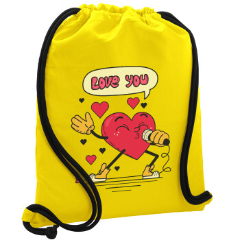 LOVE YOU SINGER!!!, Backpack pouch GYMBAG Yellow, with pocket (40x48cm) & thick cords