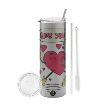 LOVE YOU SINGER!!!, Eco friendly ποτήρι θερμό Ασημένιο (tumbler) από ανοξείδωτο ατσάλι 600ml, με μεταλλικό καλαμάκι & βούρτσα καθαρισμού