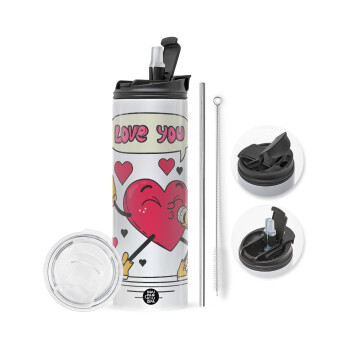 LOVE YOU SINGER!!!, Travel Tumbler θερμό με διπλό καπάκι, μεταλλικό καλαμάκι και βούρτσα καθαρισμού (Ανωξείδωτο 304 Food grade, BPA free, 600ml)