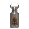 Stainless steel metallic thermos flask, silver with a bamboo lid, double-walled, 350ml.