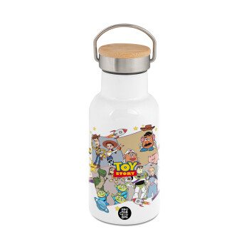 toystory characters, Metallic thermos (Stainless steel) White with wooden lid (bamboo), double-walled, 350ml