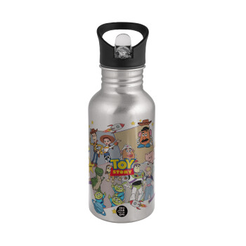 toystory characters, Water bottle Silver with straw, stainless steel 500ml