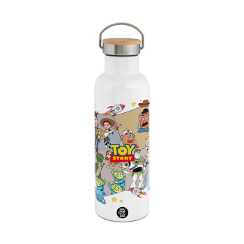 toystory characters, Μεταλλικό παγούρι θερμός (Stainless steel) Λευκό με ξύλινο καπακι (bamboo), διπλού τοιχώματος, 750ml