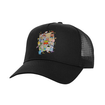 toystory characters, Structured Trucker Adult Hat, with Mesh, Black (100% COTTON, ADULT, UNISEX, ONE SIZE)