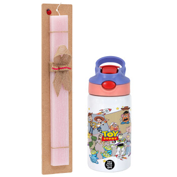 toystory characters, Easter Set, Children's thermal stainless steel water bottle with safety straw, pink/purple (350ml) & Easter scented flat candle (30cm) (PINK)