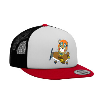 Kids Plane, Adult Foam Flat Snapback with Mesh Red-White-Black (POLYESTER, ADULT, UNISEX, ONE SIZE)