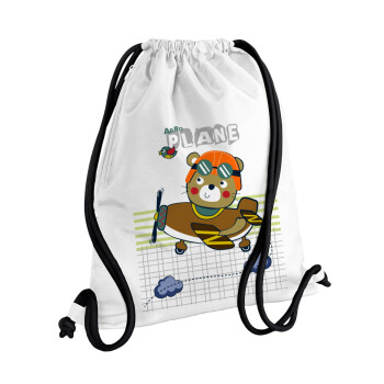 Kids Plane, Τσάντα πλάτης πουγκί GYMBAG λευκή, με τσέπη (40x48cm) & χονδρά κορδόνια
