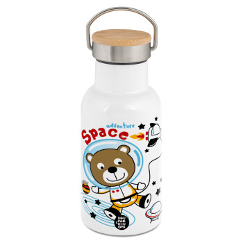 Kids Space, Metallic thermos (Stainless steel) White with wooden lid (bamboo), double-walled, 350ml