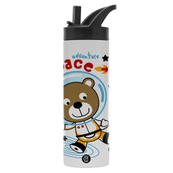 Kids Space, Metallic thermos bottle with straw & handle, stainless steel (Stainless steel 304), double-walled, 600ml.