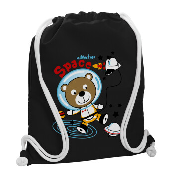 Ο μικρός αστροναύτης, Τσάντα πλάτης πουγκί GYMBAG Μαύρη, με τσέπη (40x48cm) & χονδρά λευκά κορδόνια