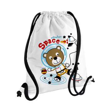 Ο μικρός αστροναύτης, Τσάντα πλάτης πουγκί GYMBAG λευκή, με τσέπη (40x48cm) & χονδρά κορδόνια