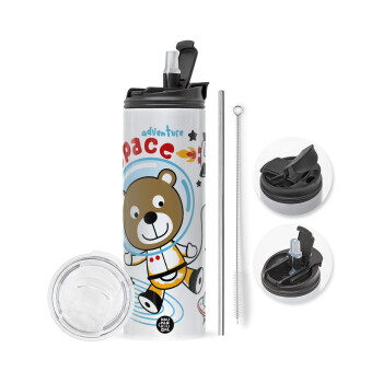 Kids Space, Travel Tumbler 2 Lids, with metal straw & cleaning brush (Stainless steel 304 Food grade, BPA free, 600ml)