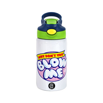 Why Don't You Blow Me Funny, Children's hot water bottle, stainless steel, with safety straw, green, blue (350ml)