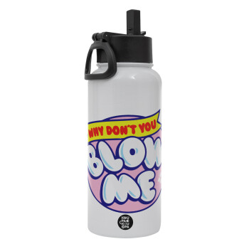 Why Don't You Blow Me Funny, Metal mug thermo White with Straw and Spout Lid (Stainless steel), double wall, 950ml