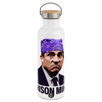 Prison Mike The office, Μεταλλικό παγούρι θερμός (Stainless steel) Λευκό με ξύλινο καπακι (bamboo), διπλού τοιχώματος, 750ml