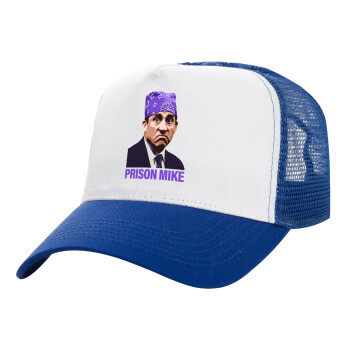 Prison Mike The office, Adult Structured Trucker Hat, with Mesh, WHITE/BLUE (100% COTTON, ADULT, UNISEX, ONE SIZE)