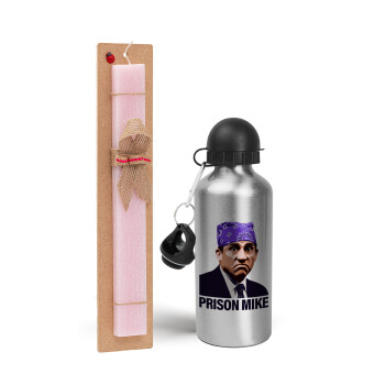 Prison Mike The office, Easter Set, metallic Silver aluminum water bottle (500ml) & scented flat Easter candle (30cm) (PINK)