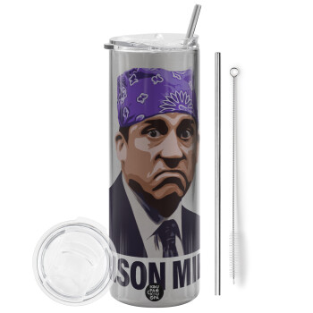 Prison Mike The office, Tumbler ποτήρι θερμό Ασημένιο από ανοξείδωτο ατσάλι 600ml, με μεταλλικό καλαμάκι & βούρτσα καθαρισμού