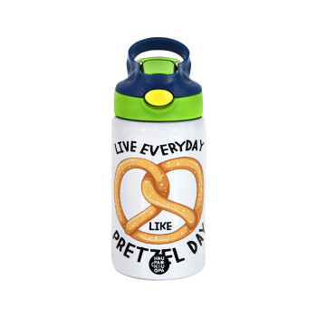The office, Live every day like pretzel day, Children's hot water bottle, stainless steel, with safety straw, green, blue (350ml)
