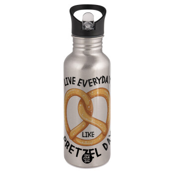 The office, Live every day like pretzel day, Water bottle Silver with straw, stainless steel 600ml
