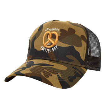 The office, Live every day like pretzel day, Adult Structured Trucker Hat, with Mesh, (Camouflage) Army (100% COTTON, ADULT, UNISEX, ONE SIZE)