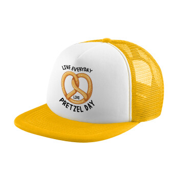 The office, Live every day like pretzel day, Adult Soft Trucker Hat with Yellow/White Mesh (POLYESTER, ADULT, UNISEX, ONE SIZE)