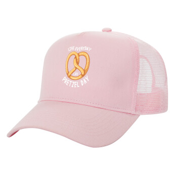 The office, Live every day like pretzel day, Adult Structured Trucker Hat, with Mesh, PINK (100% COTTON, ADULT, UNISEX, ONE SIZE)