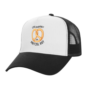 The office, Live every day like pretzel day, Adult Structured Trucker Hat, with Mesh, WHITE/BLACK (100% COTTON, ADULT, UNISEX, ONE SIZE)