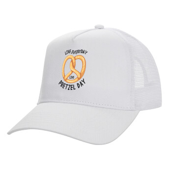 The office, Live every day like pretzel day, Structured Trucker Adult Hat, with Mesh, WHITE (100% COTTON, ADULT, UNISEX, ONE SIZE)