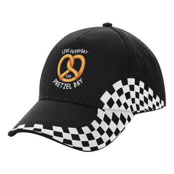 The office, Live every day like pretzel day, Adult Ultimate BLACK RACING Cap, (100% COTTON DRILL, ADULT, UNISEX, ONE SIZE)