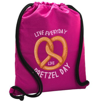The office, Live every day like pretzel day, Backpack pouch GYMBAG Fuchsia, with pocket (40x48cm) & thick cords